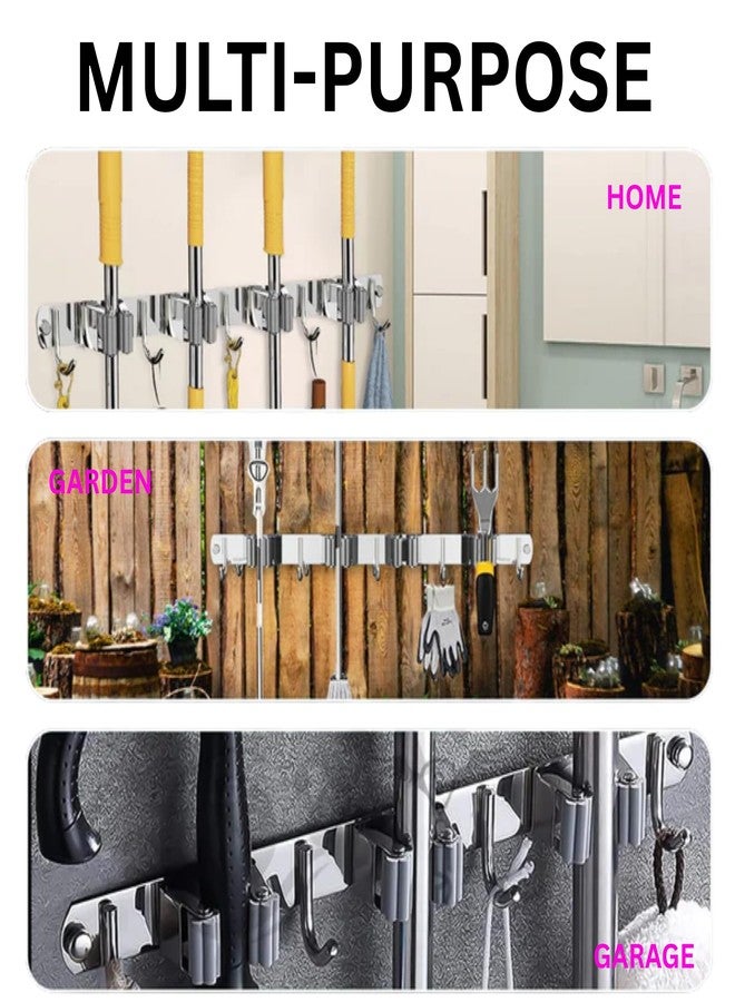 Home Elem Broom Mop Holder Wall Mount Stainless Steel Wall Mounted Storage Organizer Heavy Duty Tools Hanger with 4 Racks 5 Hooks for Kitchen Bathroom Closet Garage Office Garden 1Pc broom holder - Image 4